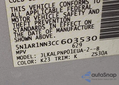 2012 Nissan Pathfinder Silver z USA, uszkodzony, nr VIN 5N1AR1NN3CC603530